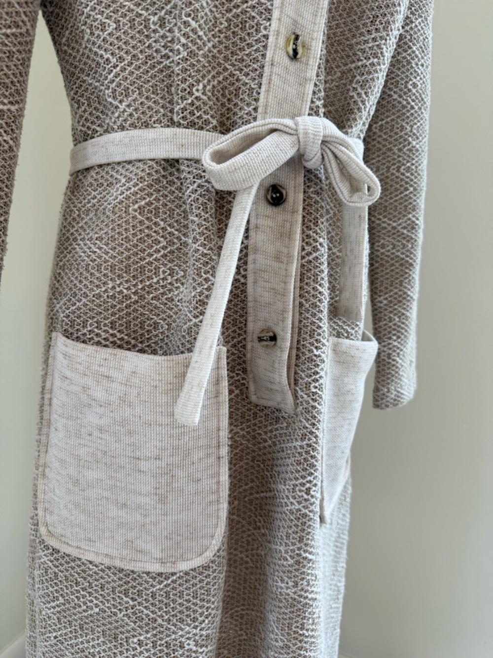 Vintage Long Sleeve Button-Up Knit Coat Dress in Light Taupe and Cream - Picture 2 of 8